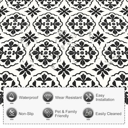MORCART 40PCS 7.87" x 7.87" Peel and Stick Floor Tile, Black Retro Design | Self-Adhesive DIY Vinyl Flooring, Removable and Waterproof Tile Sticker for Bathroom, Kitchen, Wall, Bedroom, Stairs