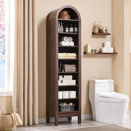 IFBUY 71" Tall Arched Bathroom Storage Cabinet, 8-Tier Modern Farmhouse Storage Cabinet with Adjustable Shelves, Wood Freestanding Cabinet for Bathroom, Living Room, Entryway, Hallway (Brown)