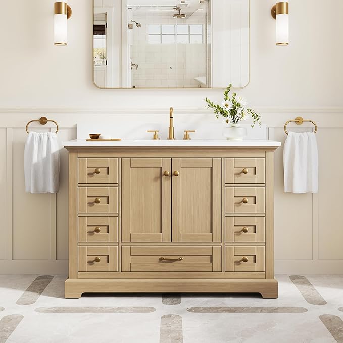 WELLFOR 48" Bathroom Vanity with Sink, Bathroom Freestanding Vanity W/ 2 Soft-Close Doors and 9 Soft-Close Drawers, Bathroom Cabinet Vanity with Cultured Marble Countertop (Oak)
