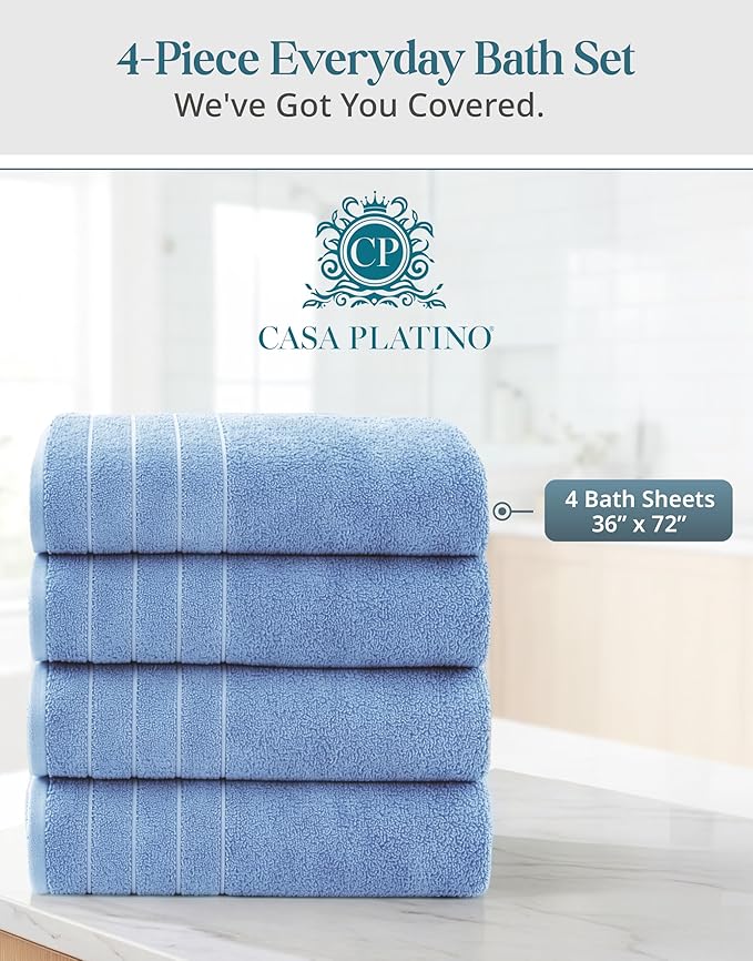 Casa Platino 100% Cotton 4 Pack Bath Sheets (36"x72") - Ring Spun Cotton Extra Large Bathroom Towels - Quick Dry, Soft & Absorbent Oversized Bath Towels - Machine Wash in Cold Water - Cerulean Blue