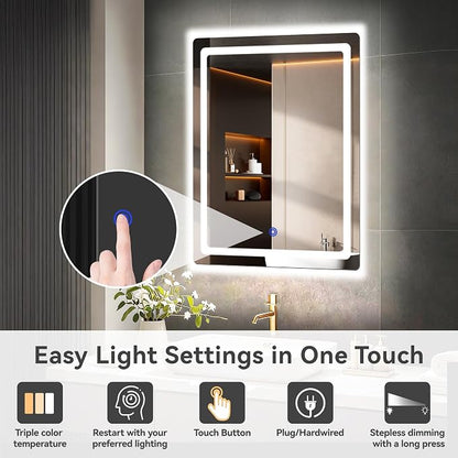 18“ x 24” LED Bathroom Smart Mirror, Rectangle Mirror with Three Color Light Temperature Brightness Settings,Backlit + Front Lit,Wall-Mounted Vanity Mirror with Memory Function