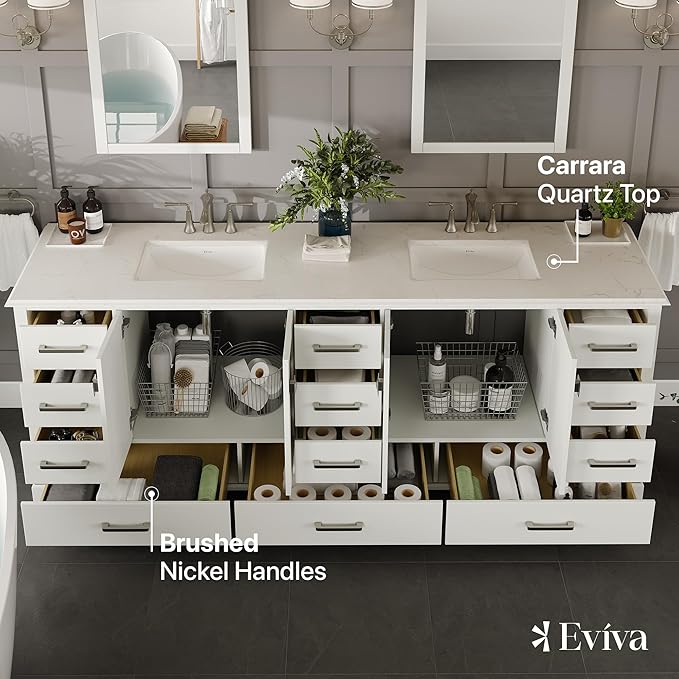 Eviva Storehouse Freestanding Double Sink Bathroom Vanities - White 84” Vanity with Sink and Countertop - Solid Wood Bathroom Sink Vanity