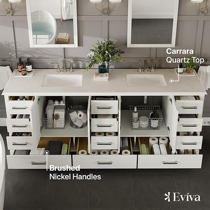Eviva Storehouse Freestanding Double Sink Bathroom Vanities - White 84” Vanity with Sink and Countertop - Solid Wood Bathroom Sink Vanity