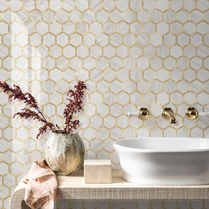 STICKGOO Hexagon Peel and Stick Backsplash Tile, Stick on Backsplash for Kitchen and Bathroom, Glossy Eurasian Wood Grain PVC Mixed Metal Gold Self Adhesive Wall Tiles(10 Sheets, Seamless)