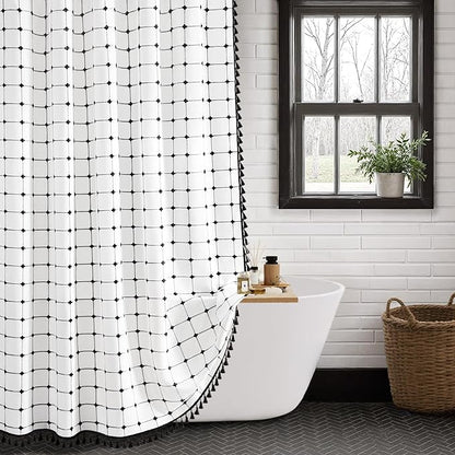 Black and White Shower Curtain Boho Linen Fabric Extra Long with Embroidered Plaid Pattern and Tassels for Bathroom,72" W×84" L