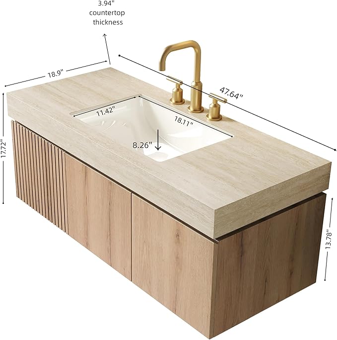 KEIKI 48 Inch Floating Bathroom Vanity with Sink, Modern Wall Mounted Storage Cabinet with Drawer, Pre-assembled Waterproof Wood Panels, Sintered Stone Top & Ceramic Basin Combo Set, White Oak & Beige