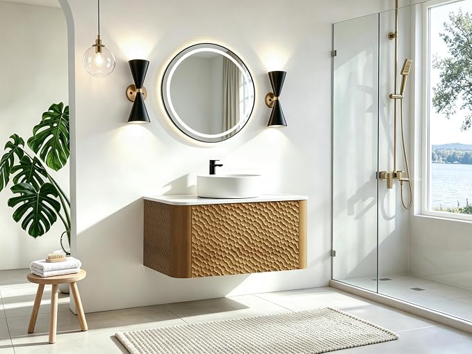 30 Inch Modern Bathroom Vanity with Ceramic Sink, Floating Bathroom Vanity Cabinet with Sintered Stone Top&Solid Wood Hammered Frame, Single Sink Bathroom Vanities w/Soft-Close Drawers,Natural