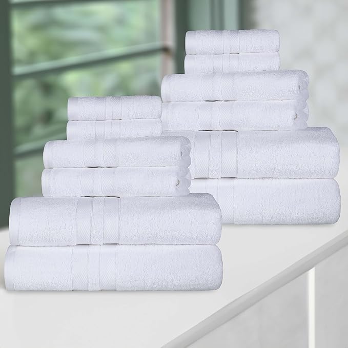 Superior Ultra-Soft Cotton Towel Set, 4 Bath Towels, 4 Hand Towels, 4 Face Towels/Washcloths, Quick-Dry, Shower, Spa Basics, Essentials, Solid, Double Line Dobby Border, 12 Piece Set, White