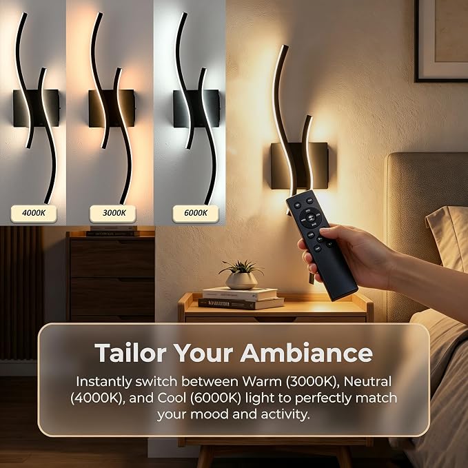 Battery Operated USB Rechargeable Wall Sconce, Black Dimmable LED | Wireless Wall Light with Remote Control, 10000mAh, 3000K-6000K, Minimalist, For Bedroom Hallway Background Staircase, 1 Pack