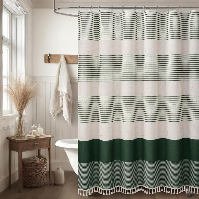 Dark Green Boho Linen Striped Shower Curtain with Tassel 72"W X 72"L | Boho Farmhouse Shower Curtains with Linen Texture for Bathroom Decor