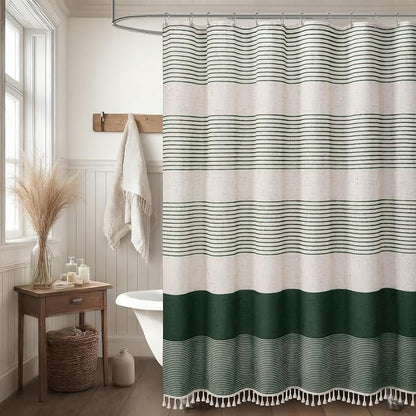 Dark Green Boho Linen Striped Shower Curtain with Tassel 72"W X 72"L | Boho Farmhouse Shower Curtains with Linen Texture for Bathroom Decor