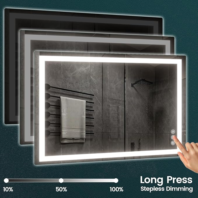 36" x 40" LED Bathroom Mirror with Lights, Memory Vanity Mirror | Anti-Fog, 3 Color Modes, Dimmable, Front Lit, Memory Function, Tempered Glass, Lighted Bathroom Mirror for Wall