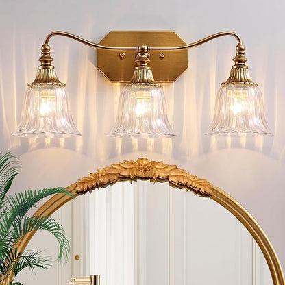 Gold Bathroom Vanity Light Fixture, 3 Lights Bathroom Lighting Matte Antique Brass Finish with Crystal Glass Shade, Gold Vintage Vanity Light for Bathrooms