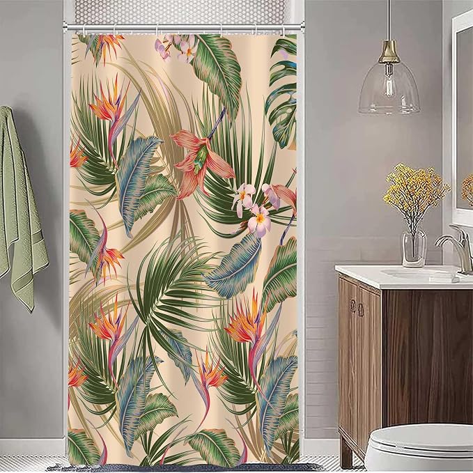 Tropical Shower Curtain, Colourful Leaves Floral Palm Leaf Hawaiian Botanical Plant Bathroom Decor, Waterproof Cloth Fabric Bath Curtain with Hooks 47 x 64 inch
