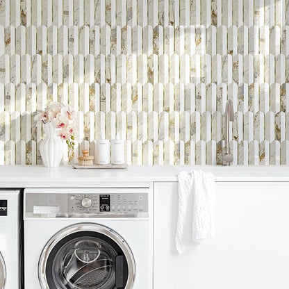 Vamos Tile Peel and Stick Backsplash, Fish Scale, Glossy, 10 pcs | 11.9''x10.8'',White & Pandora PVC+Light Gold Stick on Backsplash Tile for Kitchen & Bathroom & Laundry & Camper