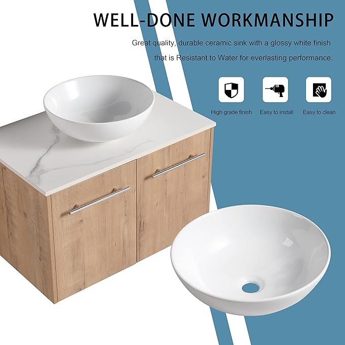 30" Floating Vanity with Sink, 30 Inch Bathroom Vanity with Sink, Modern Plywood Floating Cabinet with Sintered Stone Countertop and White Ceramic Basin, Soft Close Doors