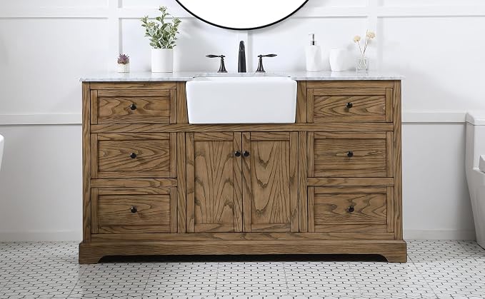 60" Pre-Assembled Bathroom Vanity with Sink, Solid Birch and MDF, Carrara White Marble Countertop Attached, Single Rectangle Porcelain Sink, 6 Soft-Close Drawers, Driftwood