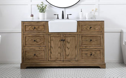 60" Pre-Assembled Bathroom Vanity with Sink, Solid Birch and MDF, Carrara White Marble Countertop Attached, Single Rectangle Porcelain Sink, 6 Soft-Close Drawers, Driftwood