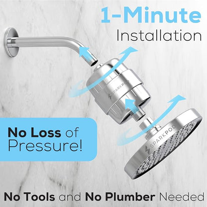 SparkPod 23-Stage Shower Head Filter for Showerheads, Polished Chrome | Removes Chlorine & Heavy Metals, Helps Improve Hard Water, with Activated Carbon and KDF-55 Layers, High Output