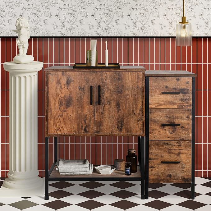 UEV 36" Antique Bathroom Vanity, Dark Brown Bathroom Vanity Set with 3 Drawers Side Cabinet Combo, Iron Wood Bathroom Cabinet for Bathroom (Without Sink)