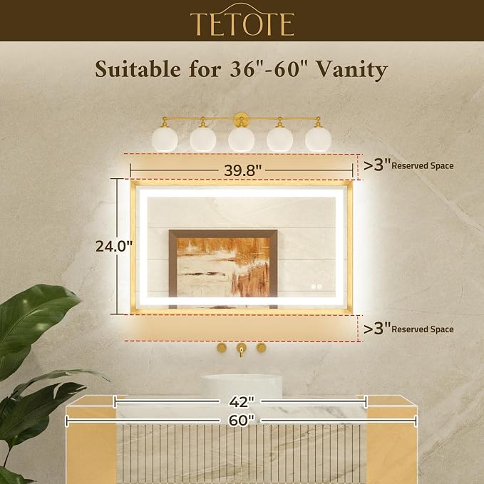 Led Bathroom Mirror 40 x 24 with Brushed Black Frame Anti-Fog Frontlit & Backlit Vanity Mirror Stepless Dimmable Lighted Mirrors for Bathroom Wall 3 Colors White/Warm/Natural Wall-Mounted