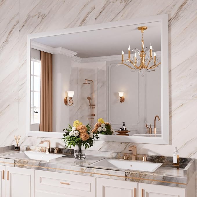 Bathroom Mirror for Wall, 55x40 Inch (White) | HD Reflection, Tempered Glass, Thick Metal Framed Rectangle Mirrors for Over Sink, Vanity, Bedroom, Living Room, Entryway.