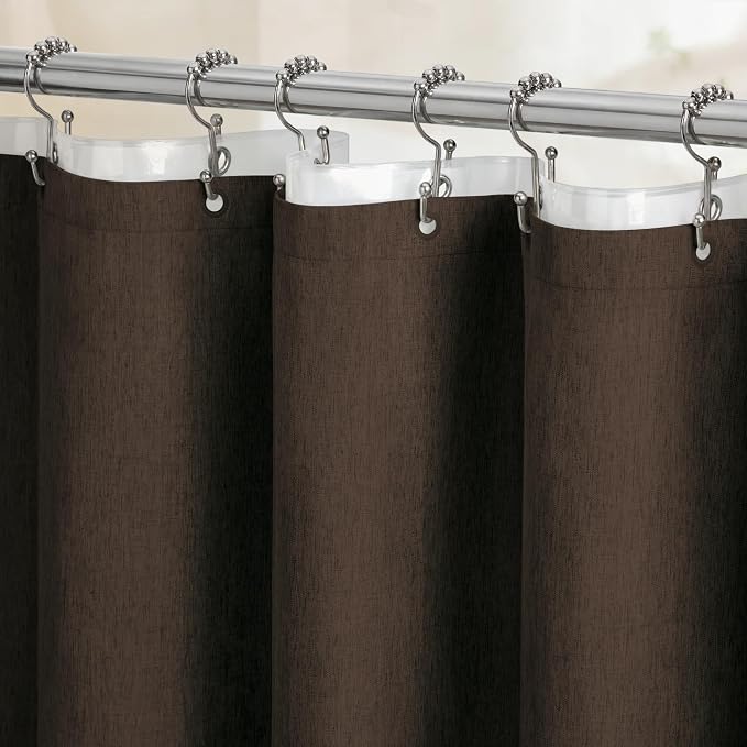 BTTN 72x84 Tall 3 in 1 Linen Texture Cloth Shower Curtain with Liner, Brown | Long Size, 230GSM Heavy Duty Polyester, Waterproof Clear Liner, Weighted Hem, 12 Plastic Hooks, Hotel Style, Machine Washable