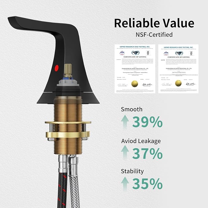 3-Hole Bathroom Sink Faucet - SR SUN RISE NSF Certified 8-inch Matte Black Faucets with Pop-up Drain Assembly, 2 Handles, 2 Water Supply Lines, Matte Black