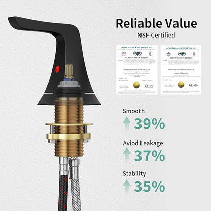 3-Hole Bathroom Sink Faucet - SR SUN RISE NSF Certified 8-inch Matte Black Faucets with Pop-up Drain Assembly, 2 Handles, 2 Water Supply Lines, Matte Black