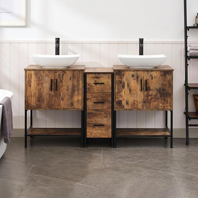 UEV Rustic Brown 60" Double Bathroom Vanity with Sink Combo,Industrial Iron Frame 2 Main Bathroom Vanity with Middle 3 Drawers Cabinet,Modern Artistic Ceramic Vessel Sink(032WH)