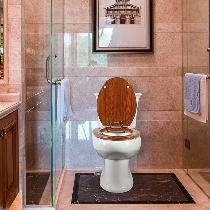 Round Toilet Seat Molded Wood Toilet Seat with Quietly Close and Quick Release Hinges, Easy to Install also Easy to Clean by Angol Shiold (Round, Brownish Red)