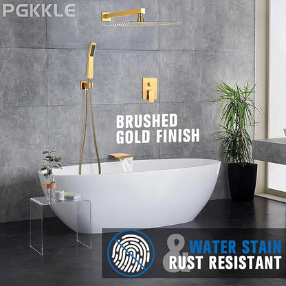12 Inch Rainfall Shower System with Tub Spout Wall Mounted Complete Combo with Solid Brass Pressure Balancing Valve, High Pressure Shower Head, Handle Set & Installation Accessories