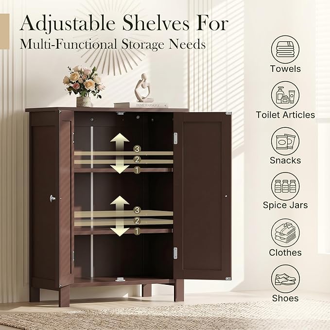 ZENY Bathroom Floor Storage Cabinet with Double Door + Adjustable Shelf, Wooden Organizer Cabinet for Living Room, Bathroom, Bedroom, Modern Home Furniture (Brown)