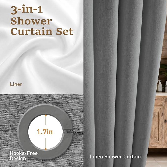 72x81 Ringless Linen Look Shower Curtain with Snap Liner Charcoal Grey | Tall Size, 3 in 1 Shower Curtain Set, Removable Liner, Waterproof & Washable, Mesh Top Window, Durable Fabric, Easy Setup