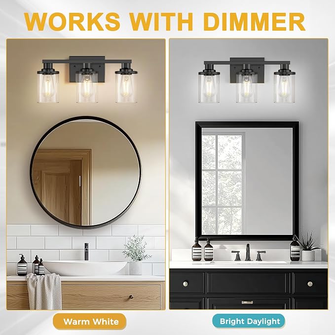 L LOHAS LED 3-Light Bathroom Vanity Light, Black | Clear Glass Shades; Modern Bathroom Lighting Fixture for Living Rooms and Hallways