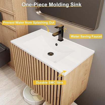 eclife 30" Floating Bathroom Vanity with Sink Combo, Modern Wall Mounted Cabinet with 2 Fluted Drawers, Undermount Sink, Faucet, Drain, Mixed Natural