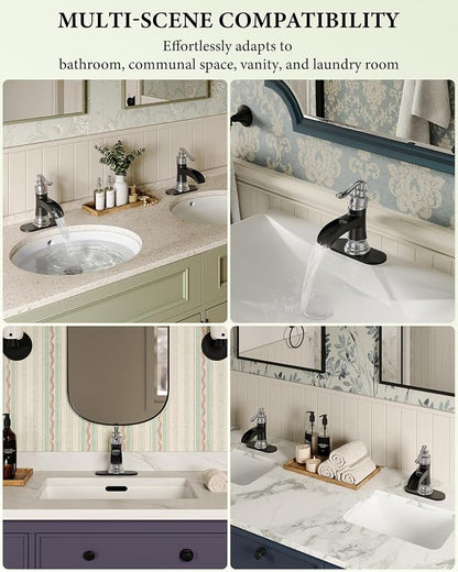 Bathroom Sink Faucet Waterfall Single Handle Matte Black and Brushed Nickel | Lavatory Vanity Basin Mixer Tap One Hole Lever Deck Mount Commercial Supply Line by Homevacious