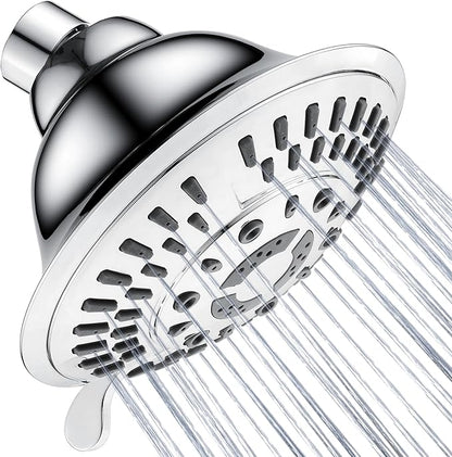 BRIGHT SHOWERS High Pressure Rain Shower Head, Fixed Shower Head with 5 Spray Settings, Adjustable Angle and Anti-Clog Nozzles, Chrome