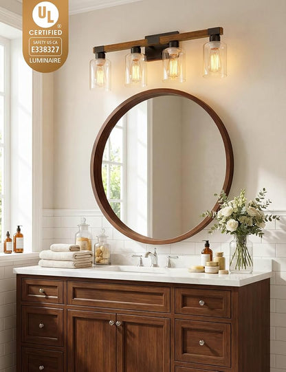 VOLISUN Farmhouse Bathroom Vanity Light Fixtures,4 Light,UL Certificated | 4 Light Bathroom Vanity Lights Over Mirror, Rustic Vanity Light for Bathrooms,Wood Bathrooms Lights Fixtures Over Mirror