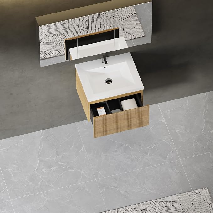 24" Floating Bathroom Vanity with Sink, Wall-Mounted Modern Oak Storage Cabinet, Wave-Textured Soft-Close Drawer & Glossy White Solid Surface Basin, Natural Oak