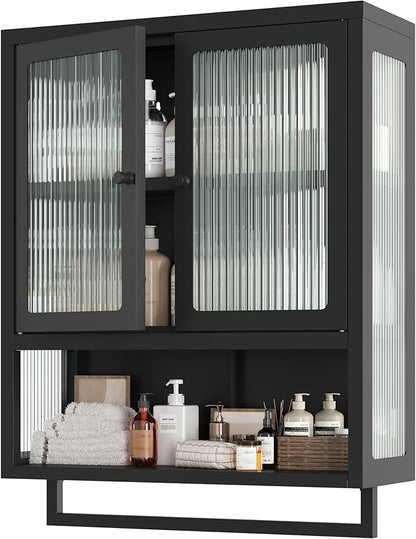 Bathroom Wall Cabinet, Over The Toilet Space Saver Storage Cabinet, Medicine Cabinet with 2 Glass Door and Towel Bar, Metal Wall Mounted Cabinet for Bathroom Laundry Room Kitchen