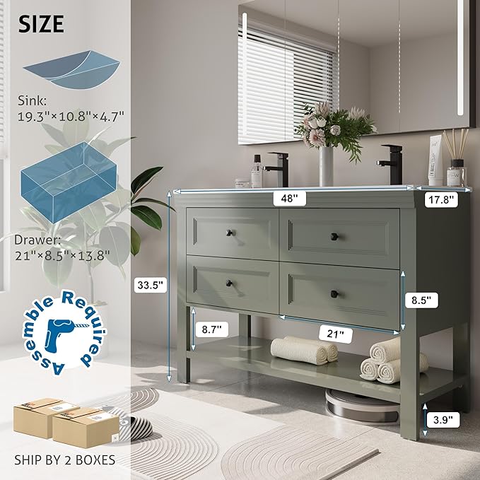 eclife 48" Bathroom Vanity with Sink Combo, Modern Painted Vanities Cabinet with Big Drawers, Opening Bottom Shelf, Raised Foot Pads, Include Undermount White Sink, Faucet & Drain, Green