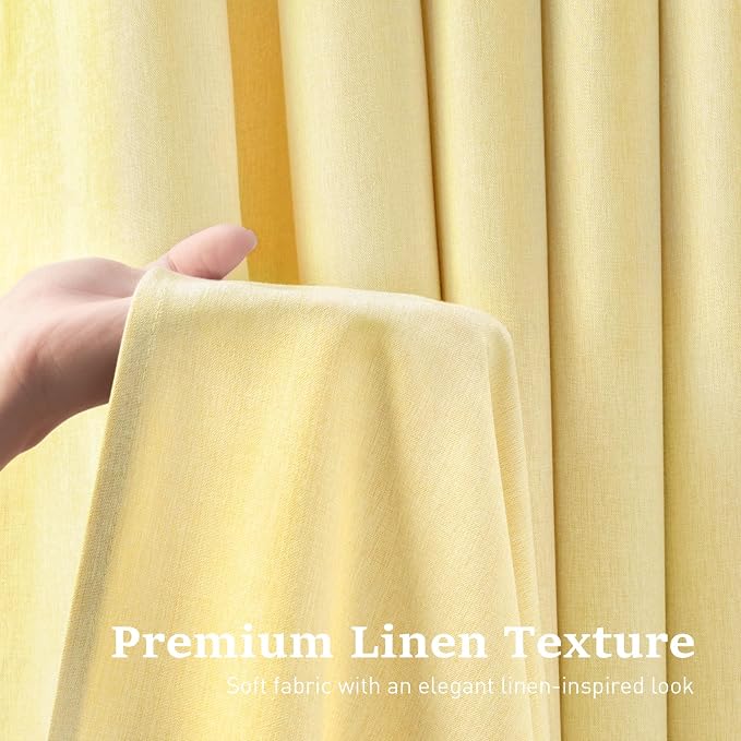 Yellow Ringless Linen Textured Shower Curtain with Snap in Liner 72x75 | 3 in 1 Modern Shower Curtain Set, Removable Liner, Waterproof & Washable, Mesh Top Window, Durable Fabric, Easy to Install
