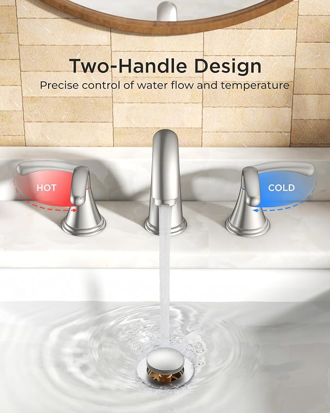 FORIOUS Bathroom Sink Faucet 3 Hole Widespread 8 Inch Brushed Nickel | 3-hole 6-12 Inch Widespread Sink Faucets with Drain and Water Supply Lines, for Vanity Rv Commercial Lavatory Restroom Basin