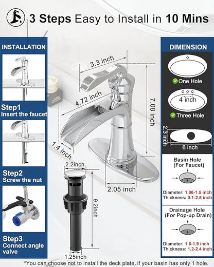 Brass Chrome Bathroom Faucet Single Handle, Bathroom Faucets One Hole, 4 Inch Waterfall Faucet for Bathroom Sink 3 Hole with Deck Plate, Pop-up Drain and Supply Hoses