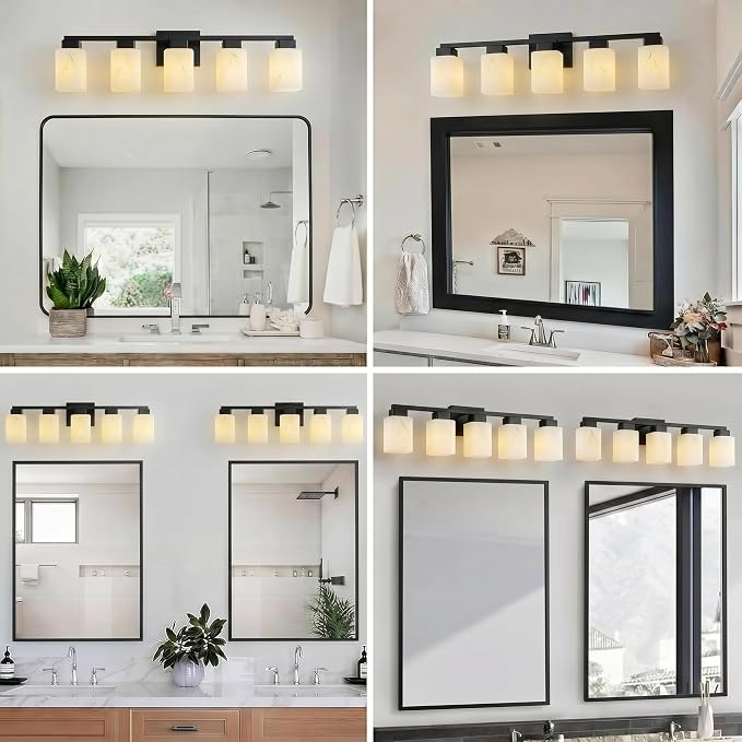 5-Light Square Bathroom Light Fixture, Black Modern Vanity Light with White Marble Glass Shade, for Bathroom Mirror, Living Room, Bedroom, Hallway, E26 Base