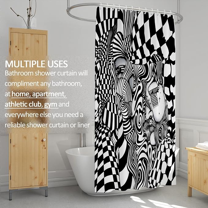 Black White Trippy Abstract Face Shower Curtain Set 72x72 Inches | Trippy Abstract Face Checkerboard Print, Modern Indie Home Guest Housewarming Art Lover Bath Decor, With Fabric Hooks