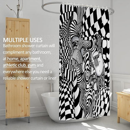 Black White Trippy Abstract Face Shower Curtain Set 72x72 Inches | Trippy Abstract Face Checkerboard Print, Modern Indie Home Guest Housewarming Art Lover Bath Decor, With Fabric Hooks