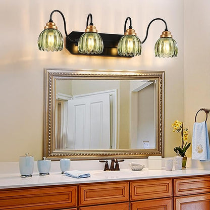 Vintage Bathroom Vanity Light, 4 Light Bathroom Lighting Fixtures Over Mirror, Mid Century Style Farmhouse Light Fixtures with Green Glass Shades, Black Finish Wall Mount for Bedroom , Living Room