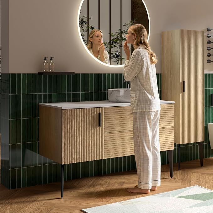 48" Fluted Bathroom Vanity with Vessel Sink, Wall-Mounted, Oak | Modern Bathroom Cabinet with Offset Carrara Sink, 2 Soft-Closing Drawers & 1 Door, Engineered Stone Countertop
